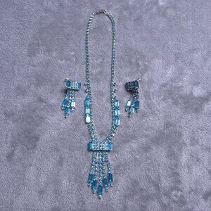 Vintage Blue Rhinestone Necklace & Drop Screwback Earrings Set Dangle Teardrop